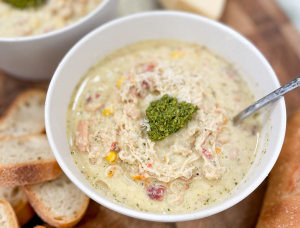 Slow Cooker Pesto White Chicken Chili - Feed the Party